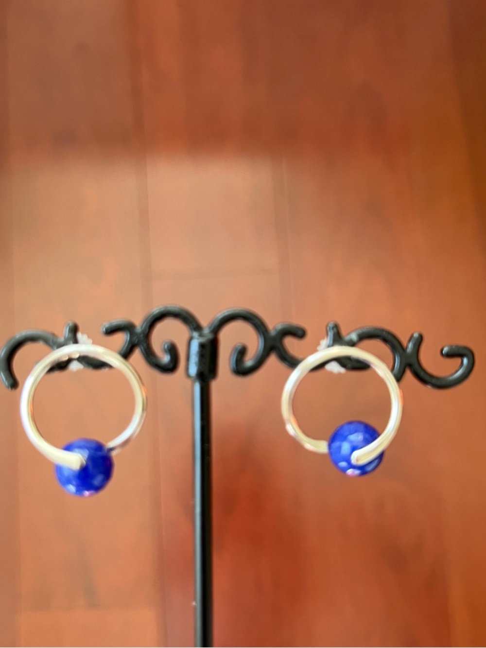 Sterling Hoop Earrings with Blue Bead